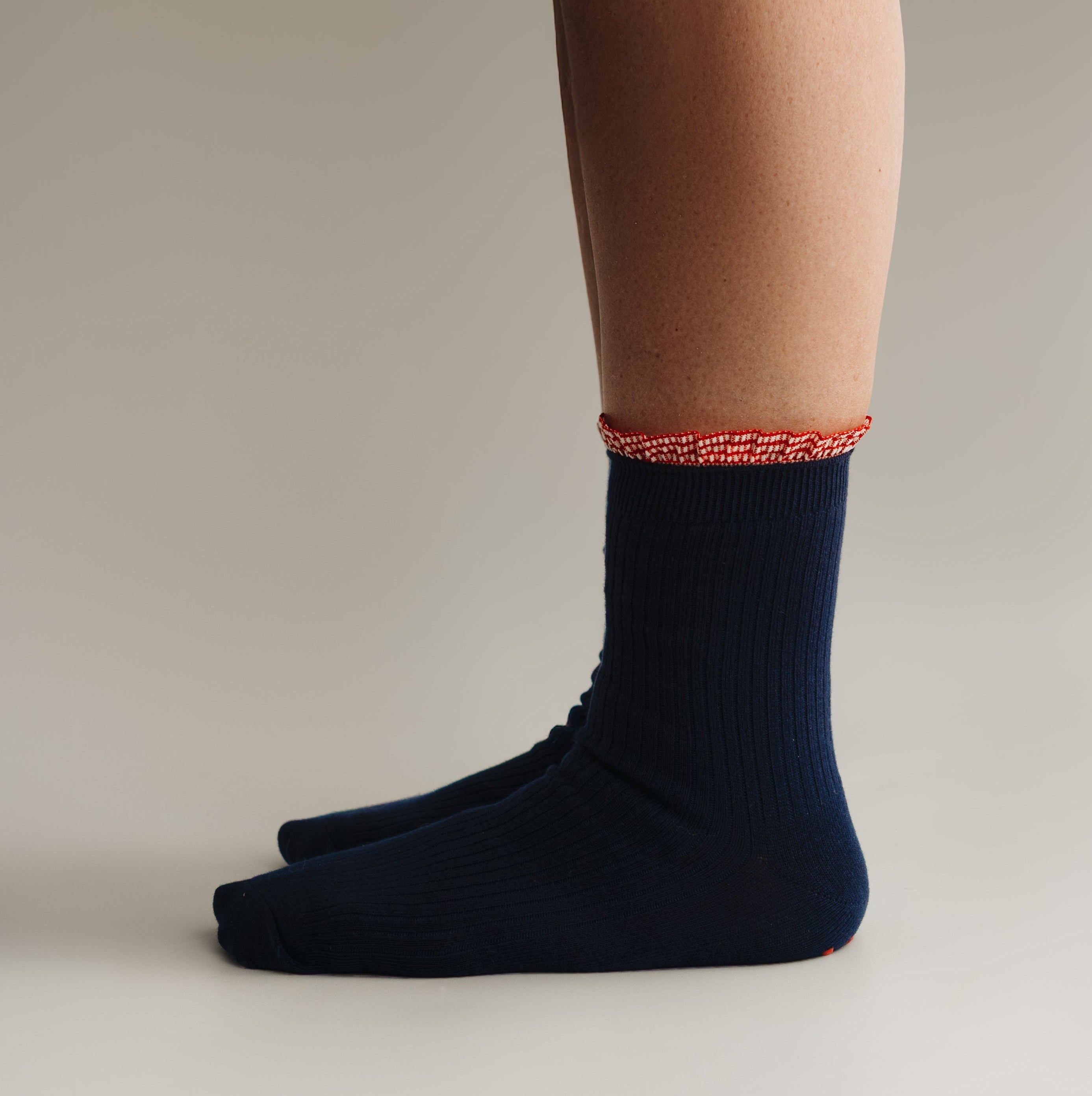 Navy Gingham Frill Grip Sock