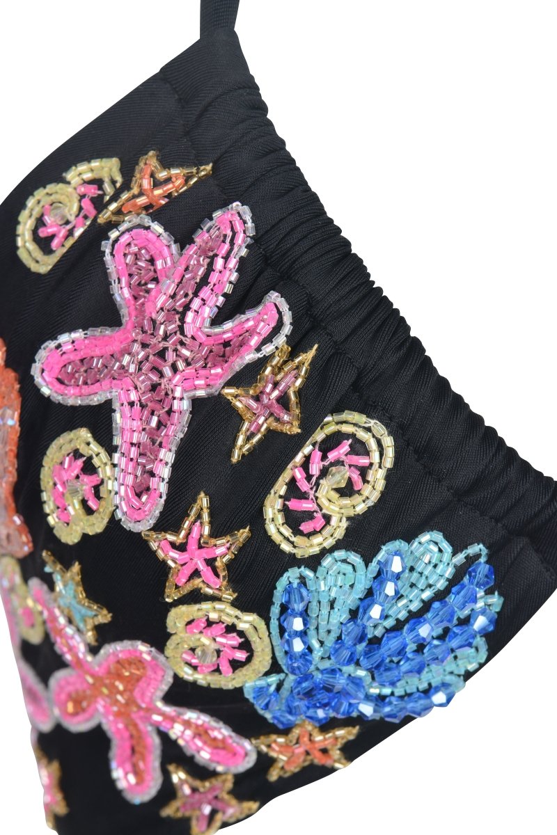 Marissa Hand Embroidered Luxe Bikini Top Black in Stock