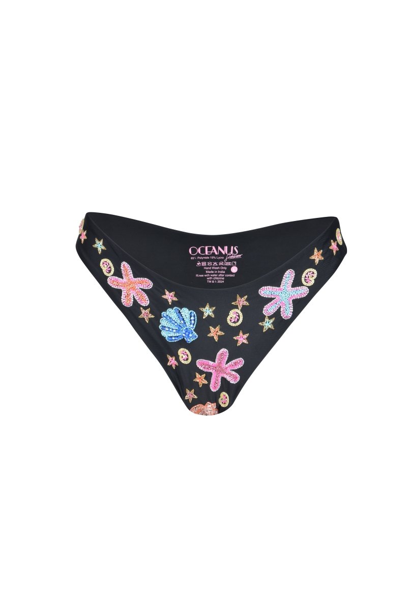 Marissa Hand Embroidered Luxe Bikini Bottom Black in Stock