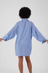 Hiba Stripe Ethical-Cotton Long Line Shirt - Santorini Blue