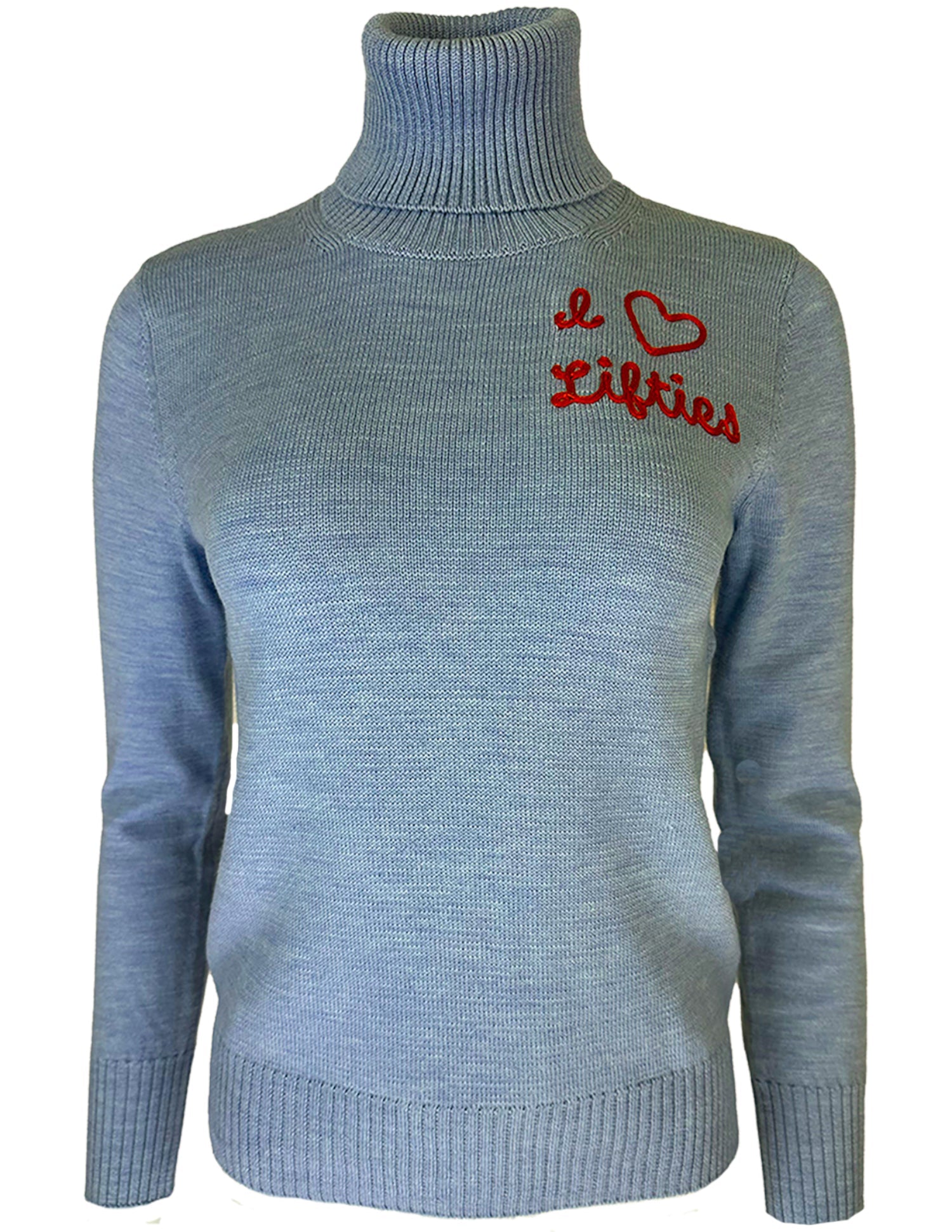 "I 'Heart' Lifties" Embroidered Turtleneck, Color: Cornice Blue