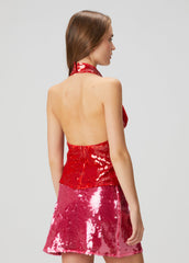 Red Sequin Neck Tie Top