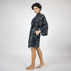 Silk Dreamscape Short Kimono Robe Black Check