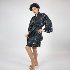 Silk Dreamscape Short Kimono Robe Black Check