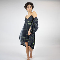 Silk Dreamscape Short Kimono Robe Black Check