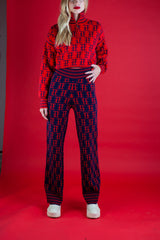 TE LOGO JACQUARD KNIT PANT (High Rise, Slim Fit), NAVY/RED
