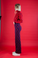 TE LOGO JACQUARD KNIT PANT (High Rise, Slim Fit), NAVY/RED