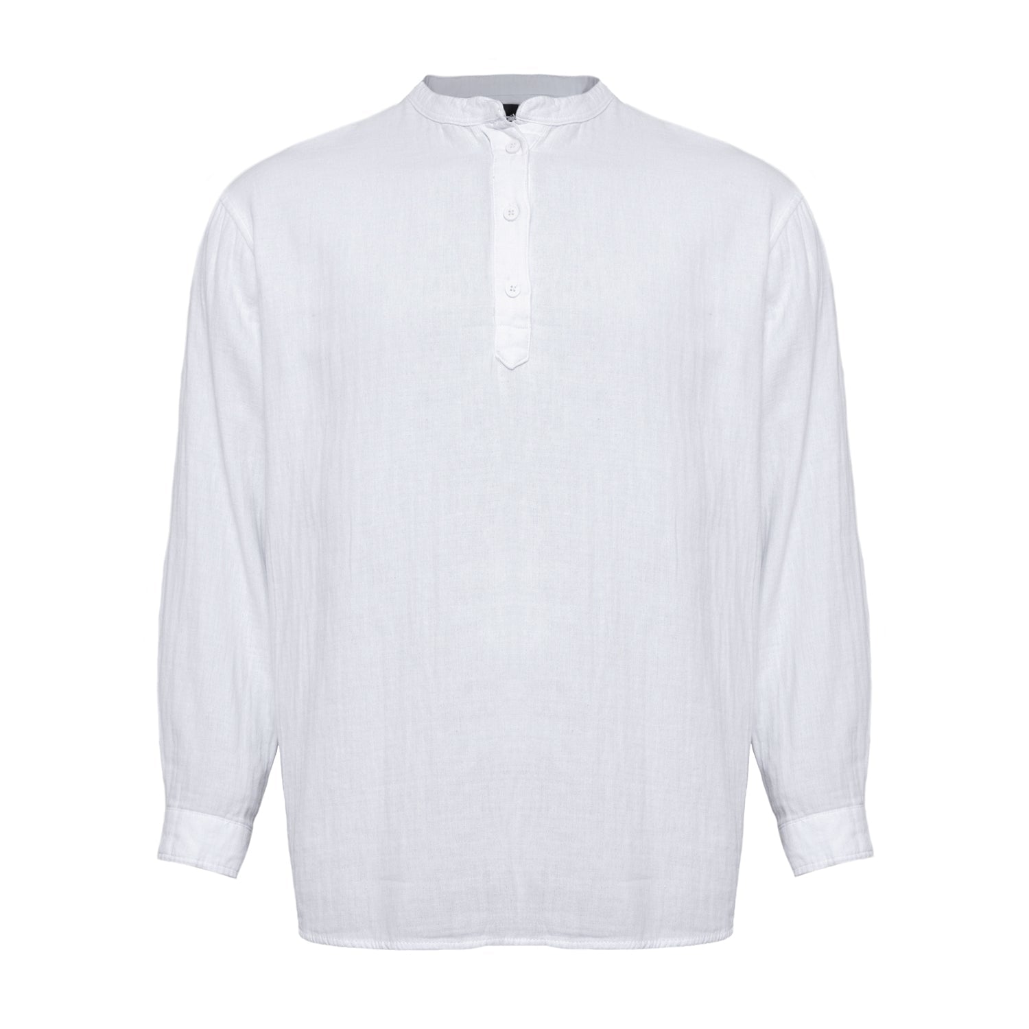 Linen Mandarin Neck Half Button Long Sleeve Shirt White