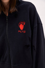 Destroyed Zip Up Hoodie - Black