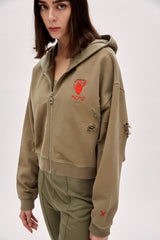 Destroyed Zip Up Hoodie - Covert Green