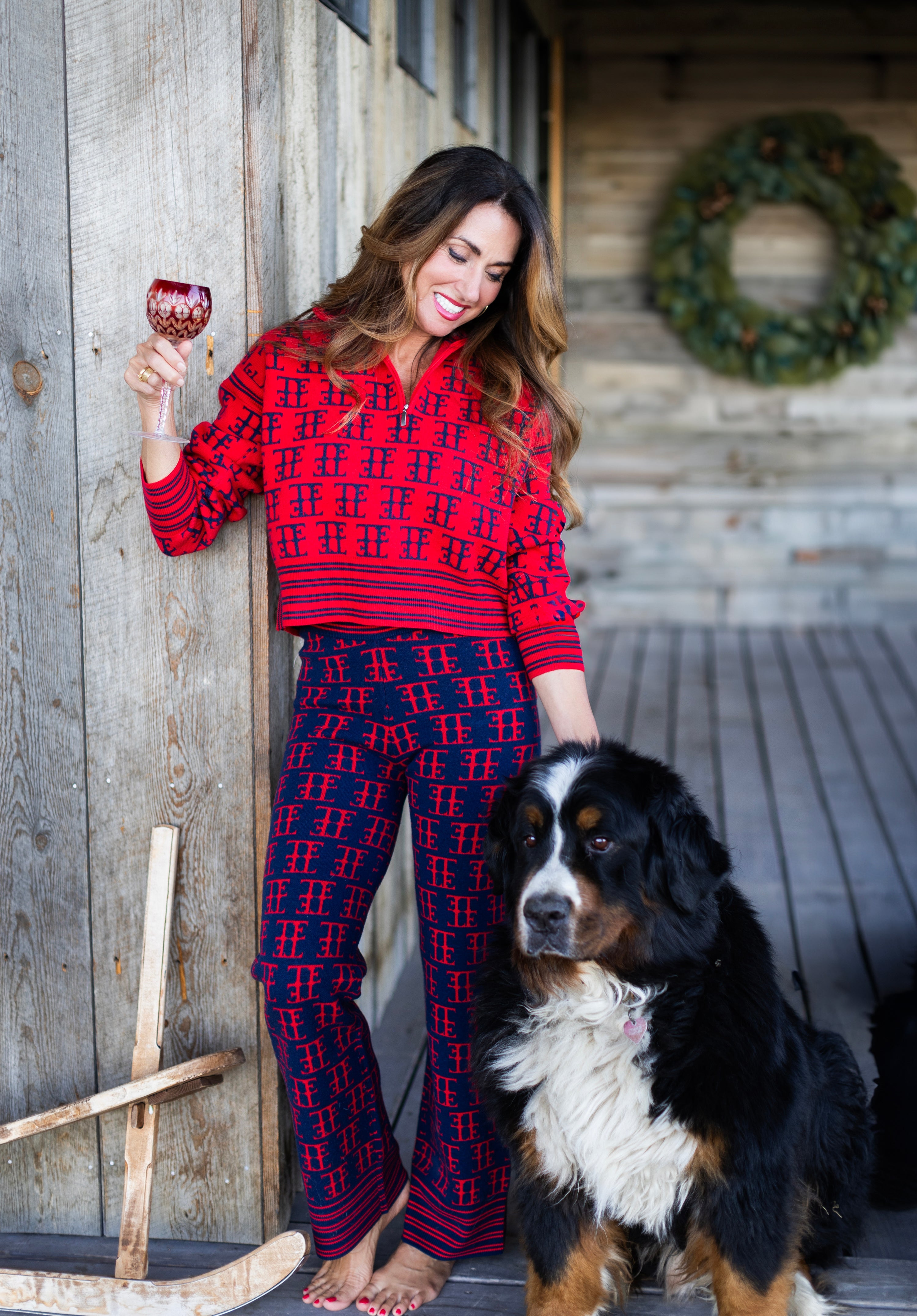 TE LOGO JACQUARD KNIT PANT (NEW FIT), NAVY/RED