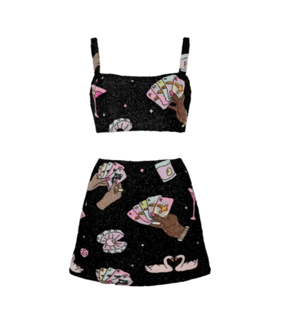 Vegas Beaded Mini Black Party Beach Co-Ord Top