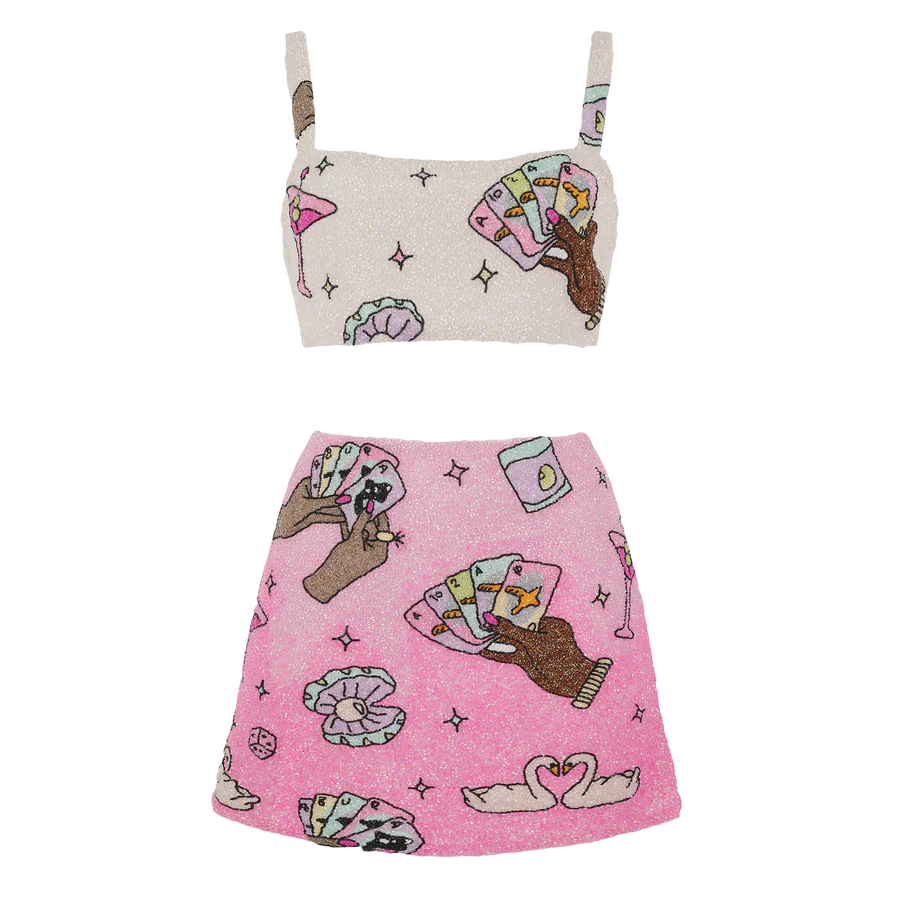 Vegas Beaded Pink Party Beach Co-Ord Mini Skirt