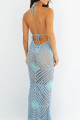 Cassie Crochet Halter Dress Blue