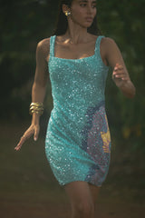 Adeline Coral Hand Beaded Mini Dress Blue