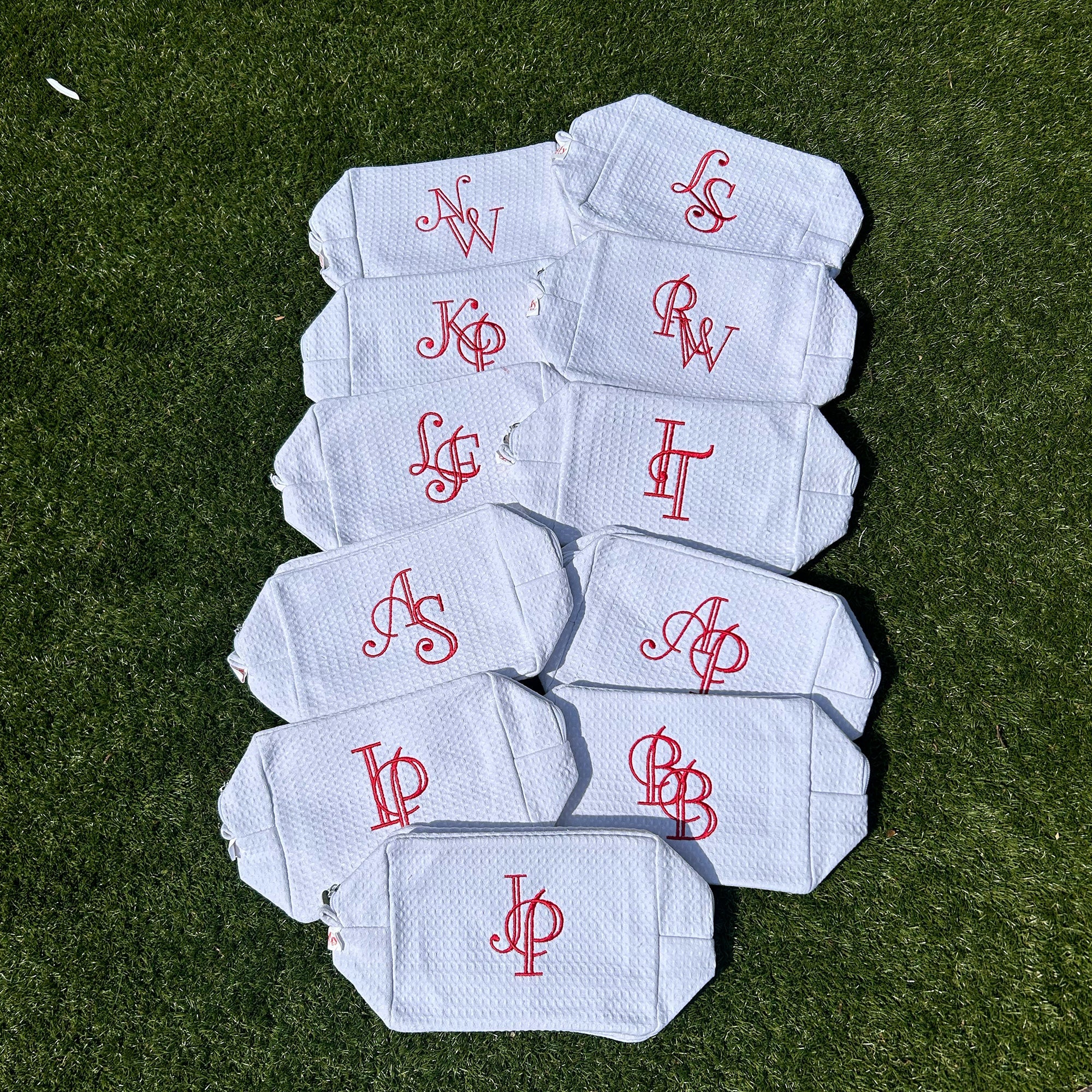 Monogramed White Waffle Weave Make Up Bag
