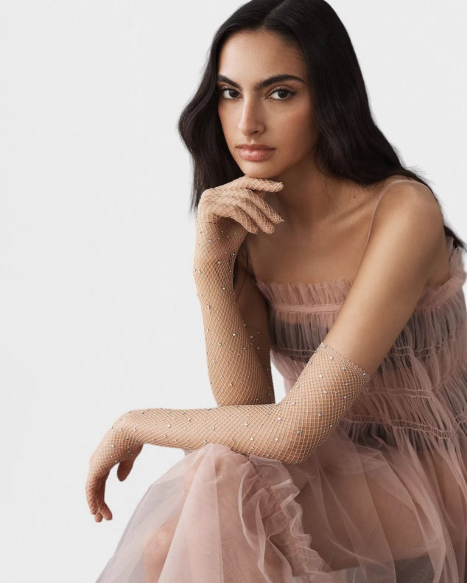 Glitter Fishnet Opera Glove - Nude