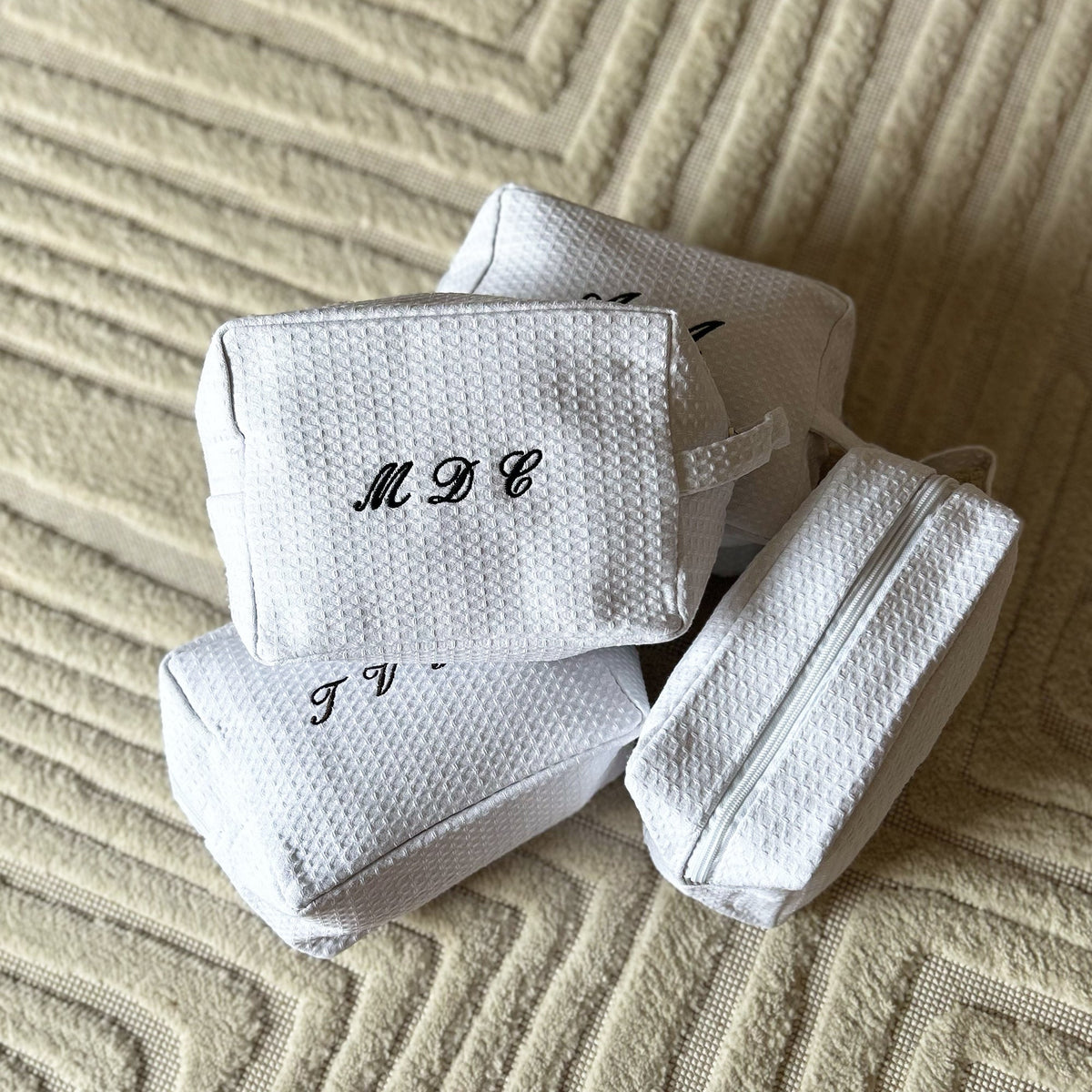 Monogramed White Waffle Make Up Bag