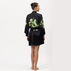 Silk Dreamscape Short Kimono Robe Black Flower