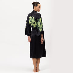 Silk Dreamscape Long Kimono Robe Black Flower