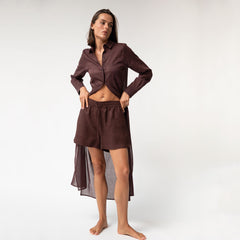 Linen Voile Button-Down Long Shirt Dress Restorative Brown