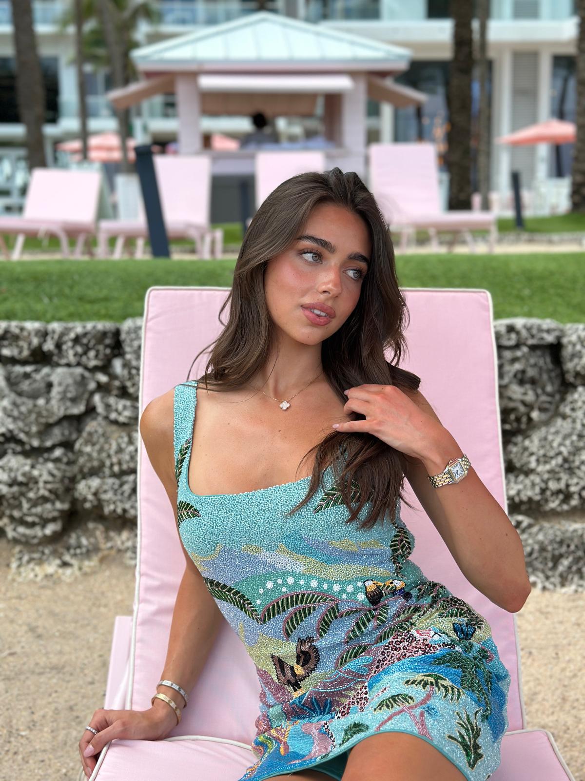 Paradise Safari Beaded Mini Dress – Blue