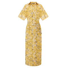 Strapped Cotton Long Shirt Dress Yellow Flowers