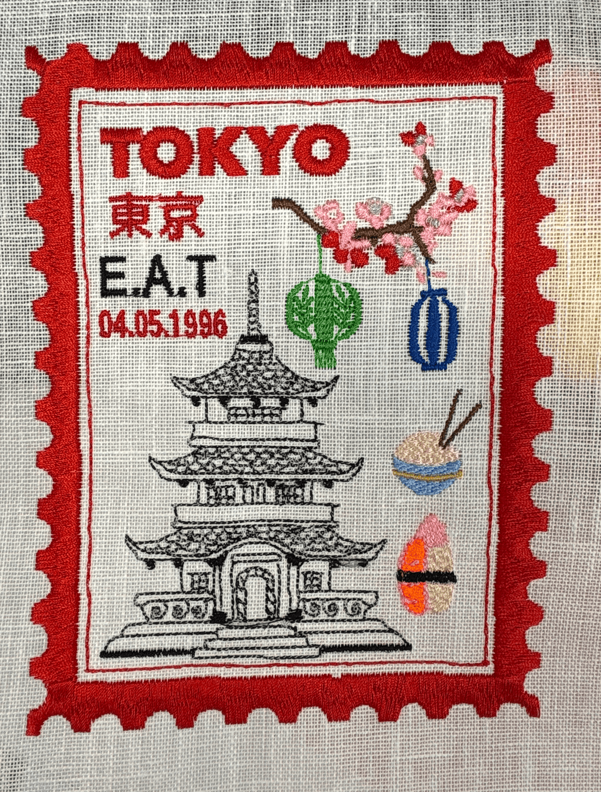 Tokyo Inspired Embroidered Postage Stamp