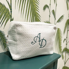 Monogramed White Waffle Weave Make Up Bag